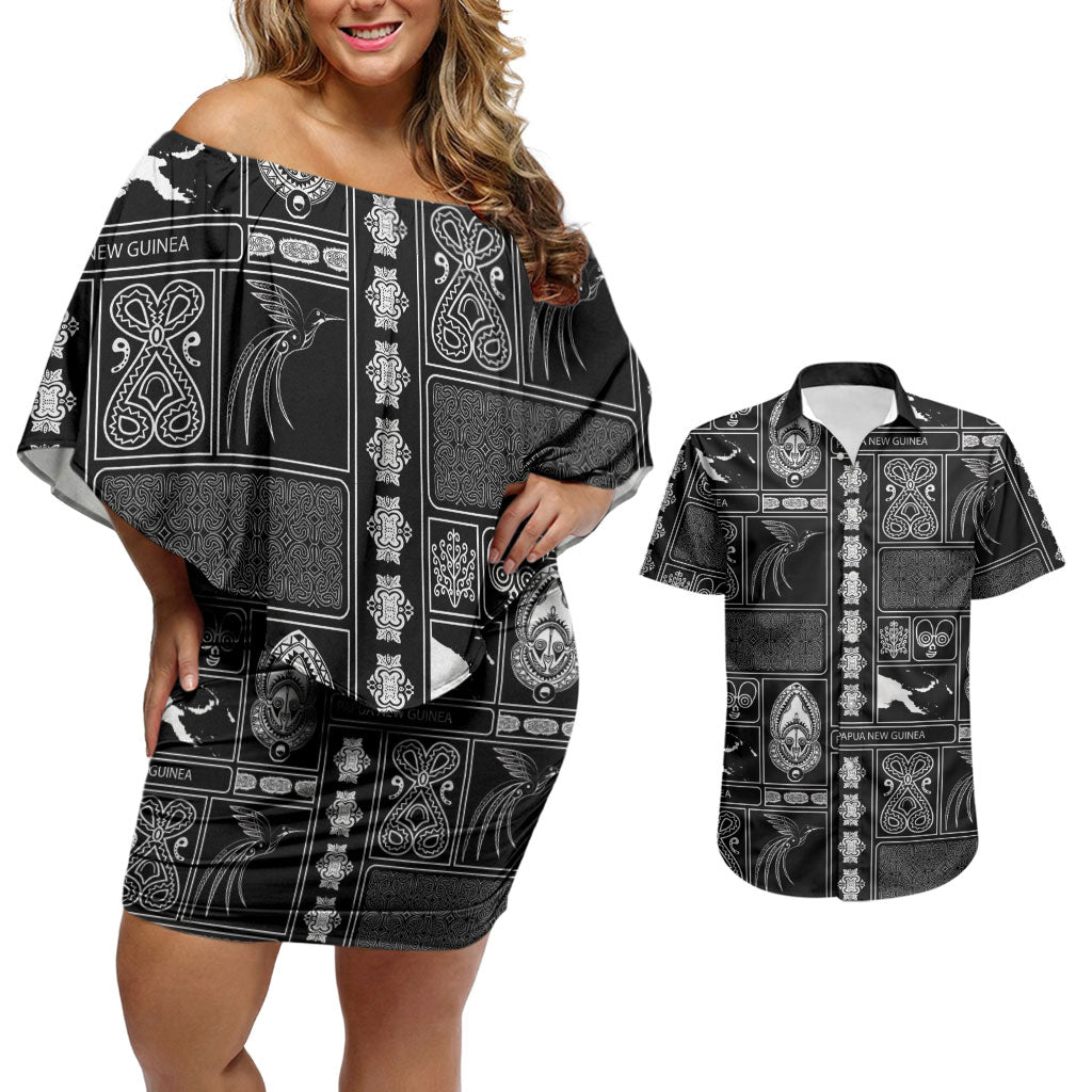 Papua New Guinea Heritage Motif Couples Matching Off Shoulder Short Dress and Hawaiian Shirt Black Version LT05 Black - Polynesian Pride