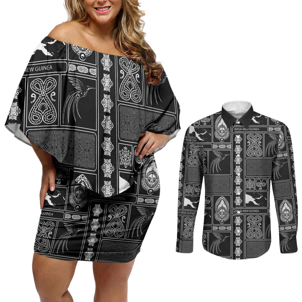 Papua New Guinea Heritage Motif Couples Matching Off Shoulder Short Dress and Long Sleeve Button Shirt Black Version LT05 Black - Polynesian Pride