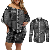 Papua New Guinea Heritage Motif Couples Matching Off Shoulder Short Dress and Long Sleeve Button Shirt Black Version LT05 Black - Polynesian Pride