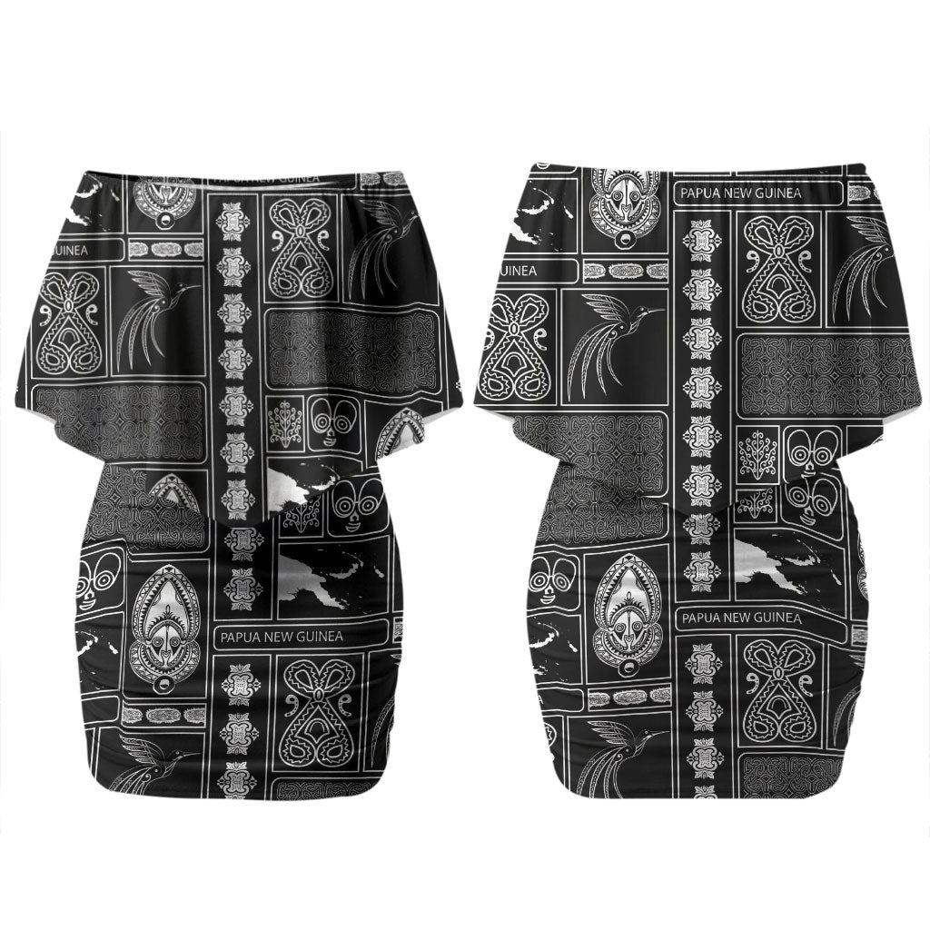 Papua New Guinea Heritage Motif Couples Matching Off Shoulder Short Dress and Long Sleeve Button Shirt Black Version LT05 - Polynesian Pride