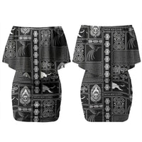 Papua New Guinea Heritage Motif Couples Matching Off Shoulder Short Dress and Long Sleeve Button Shirt Black Version LT05 - Polynesian Pride
