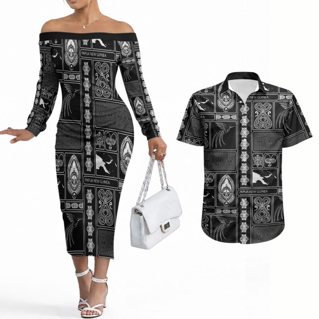Papua New Guinea Heritage Motif Couples Matching Off The Shoulder Long Sleeve Dress and Hawaiian Shirt Black Version LT05 Black - Polynesian Pride