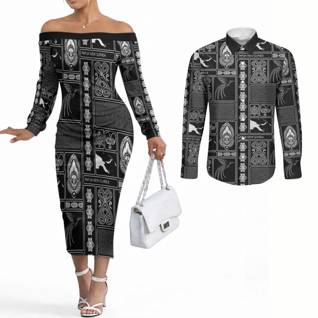 Papua New Guinea Heritage Motif Couples Matching Off The Shoulder Long Sleeve Dress and Long Sleeve Button Shirt Black Version LT05 Black - Polynesian Pride