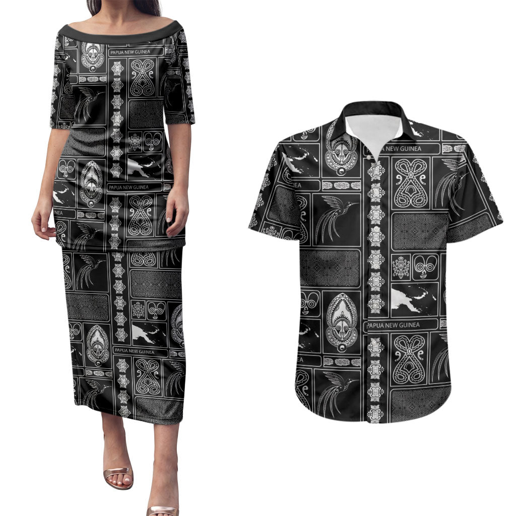Papua New Guinea Heritage Motif Couples Matching Puletasi and Hawaiian Shirt Black Version LT05 Black - Polynesian Pride