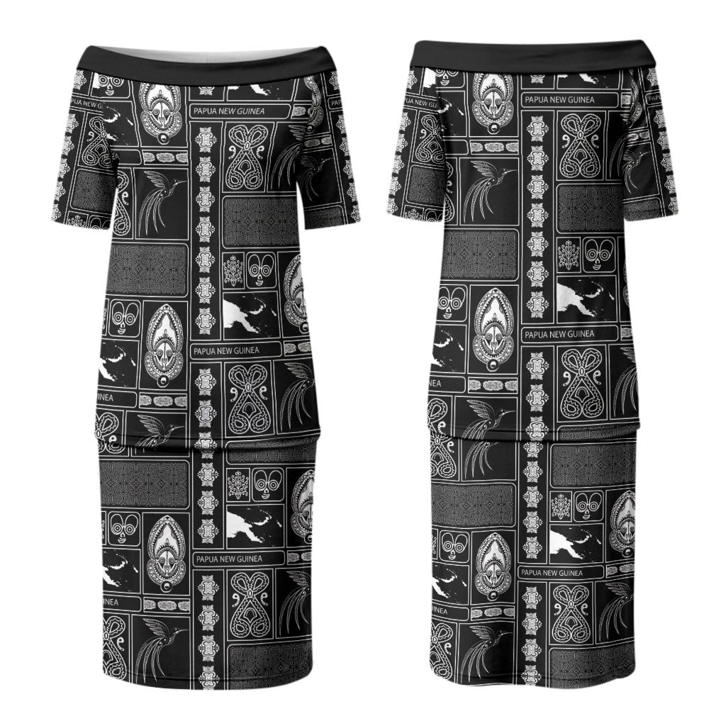 Papua New Guinea Heritage Motif Couples Matching Puletasi and Hawaiian Shirt Black Version LT05 - Polynesian Pride