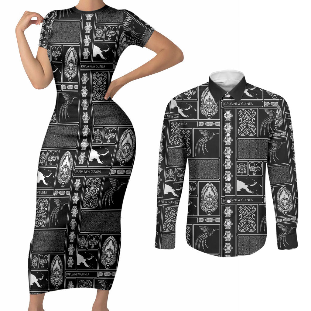 Papua New Guinea Heritage Motif Couples Matching Short Sleeve Bodycon Dress and Long Sleeve Button Shirt Black Version LT05 Black - Polynesian Pride