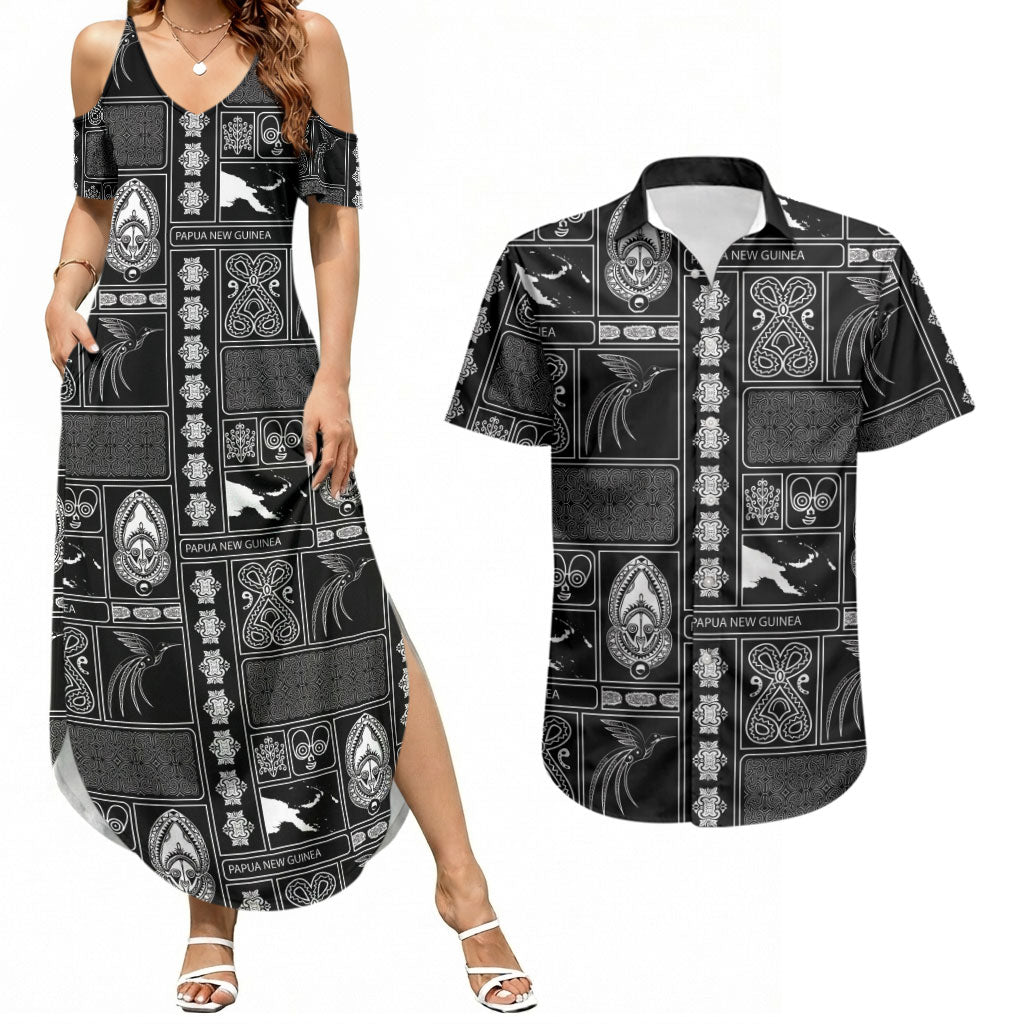 Papua New Guinea Heritage Motif Couples Matching Summer Maxi Dress and Hawaiian Shirt Black Version LT05 Black - Polynesian Pride