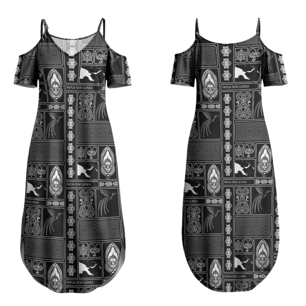 Papua New Guinea Heritage Motif Couples Matching Summer Maxi Dress and Long Sleeve Button Shirt Black Version LT05 - Polynesian Pride