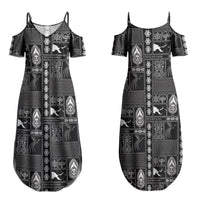 Papua New Guinea Heritage Motif Couples Matching Summer Maxi Dress and Long Sleeve Button Shirt Black Version LT05 - Polynesian Pride