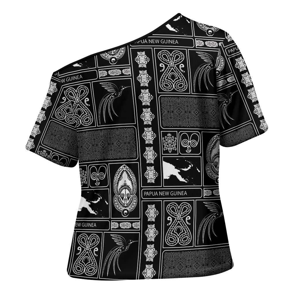 Papua New Guinea Heritage Motif Cross Shoulder Shirt Black Version LT05 - Polynesian Pride