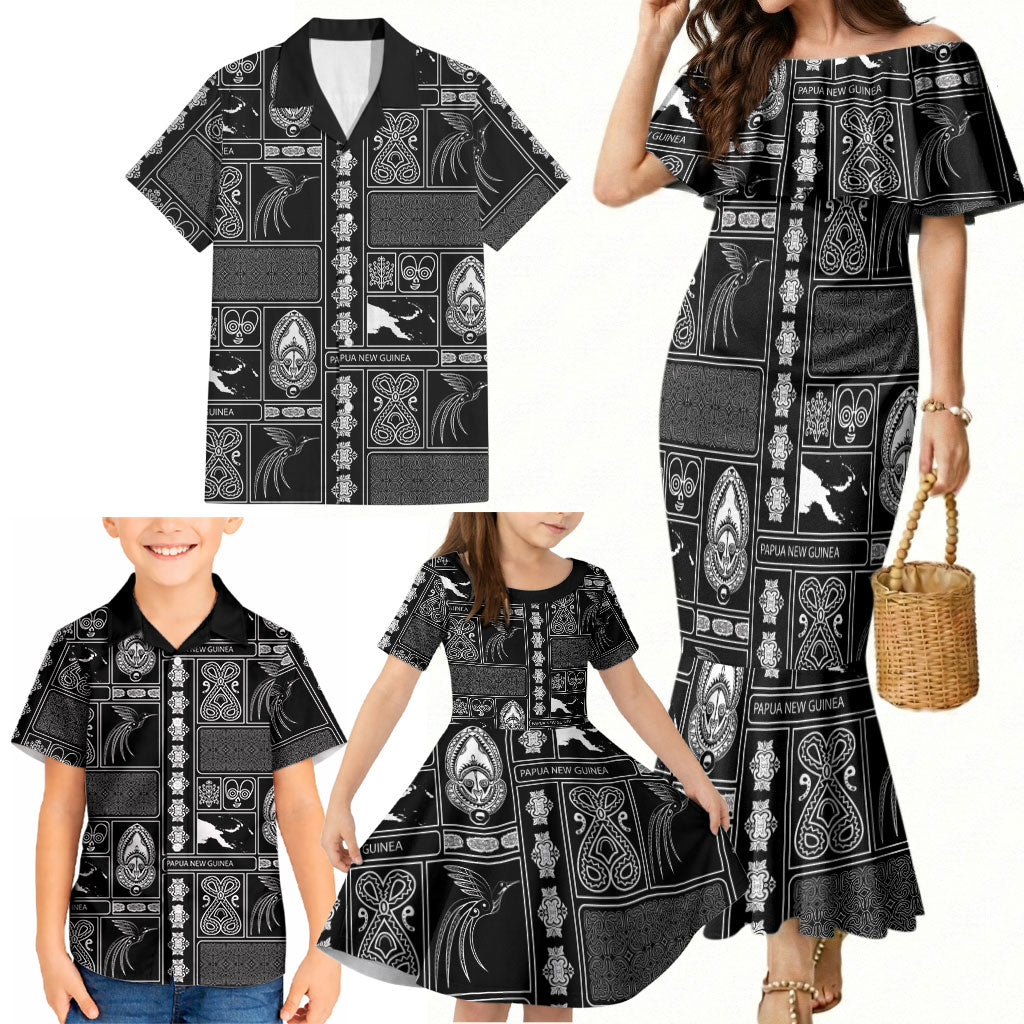 Papua New Guinea Heritage Motif Family Matching Mermaid Dress and Hawaiian Shirt Black Version LT05 - Polynesian Pride