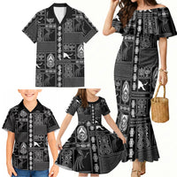 Papua New Guinea Heritage Motif Family Matching Mermaid Dress and Hawaiian Shirt Black Version LT05 - Polynesian Pride