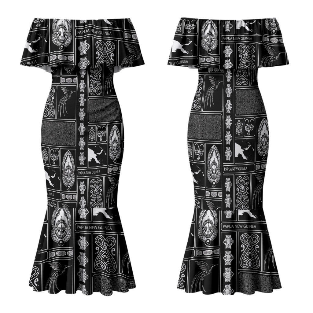 Papua New Guinea Heritage Motif Family Matching Mermaid Dress and Hawaiian Shirt Black Version LT05 Mom's Dress Black - Polynesian Pride