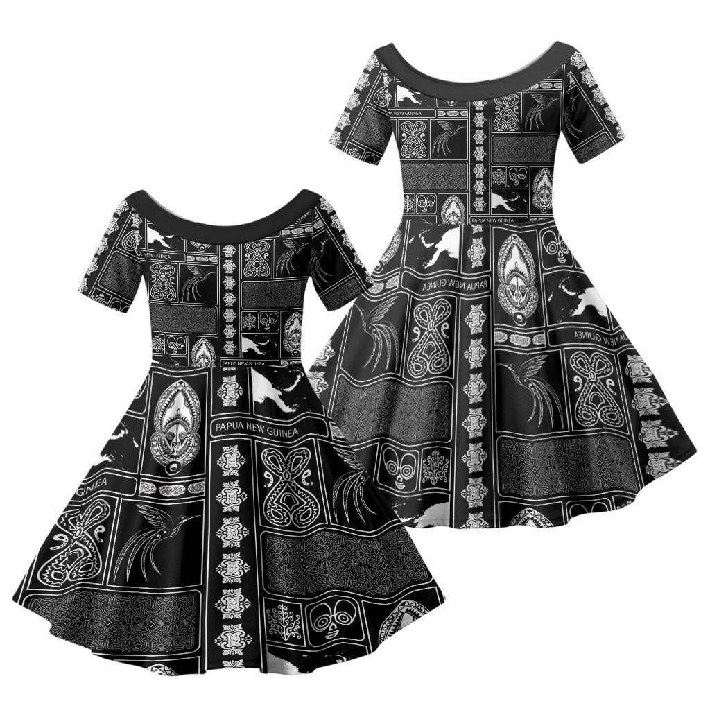 Papua New Guinea Heritage Motif Family Matching Mermaid Dress and Hawaiian Shirt Black Version LT05 Daughter's Dress Black - Polynesian Pride