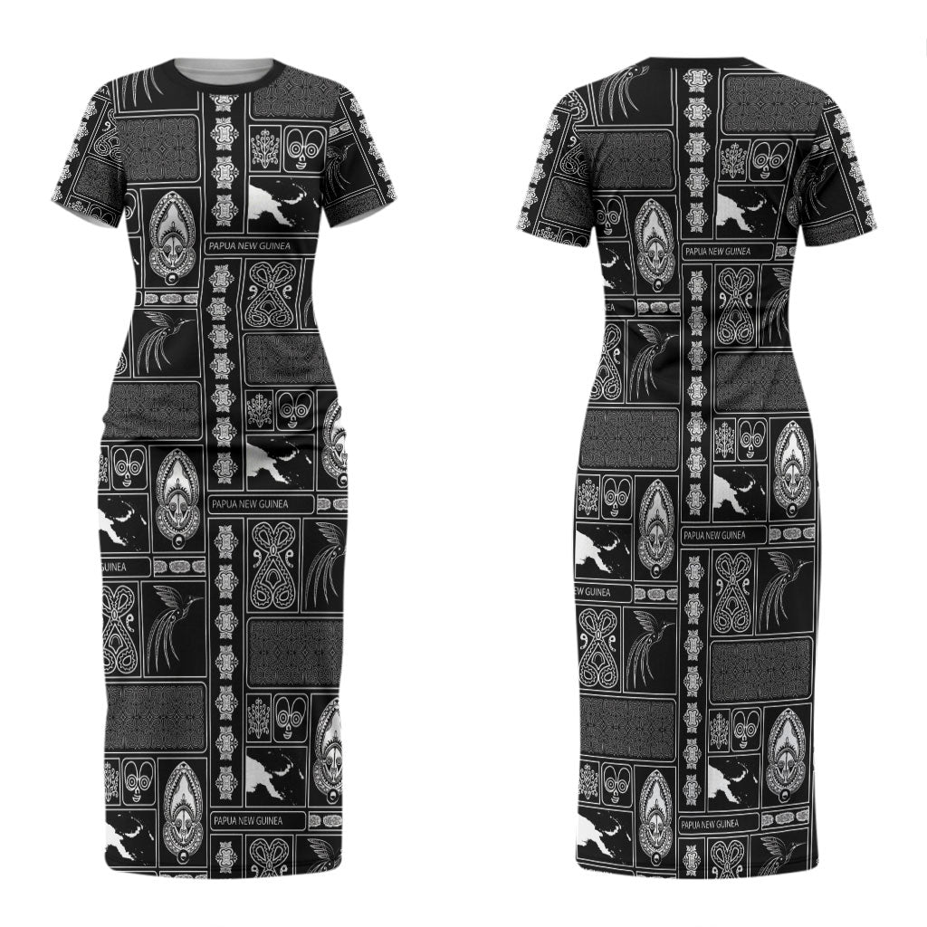Papua New Guinea Heritage Motif Family Matching Short Sleeve Bodycon Dress and Hawaiian Shirt Black Version LT05 Mom's Dress Black - Polynesian Pride
