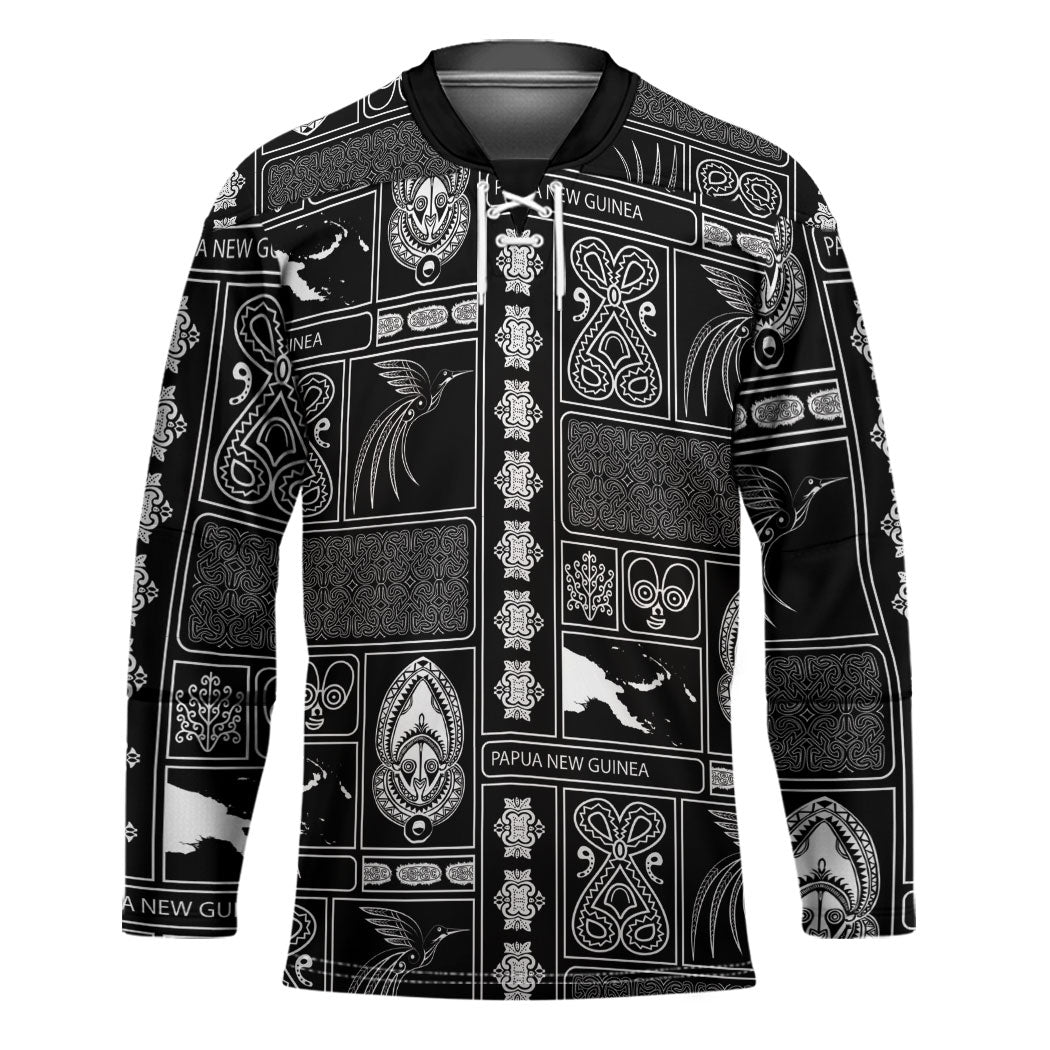Papua New Guinea Heritage Motif Hockey Jersey Black Version LT05 Unisex Black - Polynesian Pride