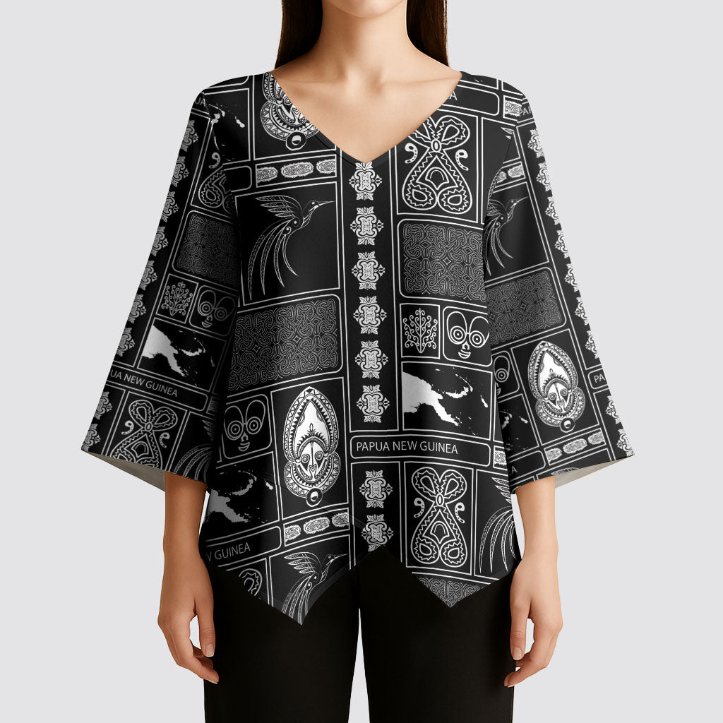Papua New Guinea Heritage Motif Kimono Sleeve Blouse Black Version LT05 - Polynesian Pride