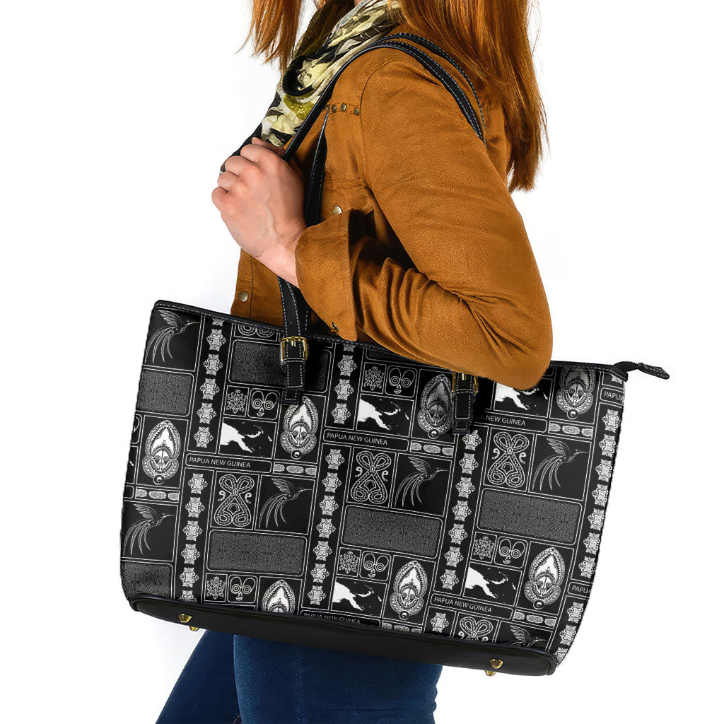 Papua New Guinea Heritage Motif Leather Tote Bag Black Version LT05 Black - Polynesian Pride