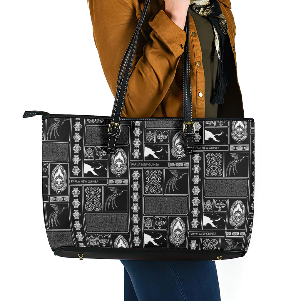 Papua New Guinea Heritage Motif Leather Tote Bag Black Version LT05 - Polynesian Pride