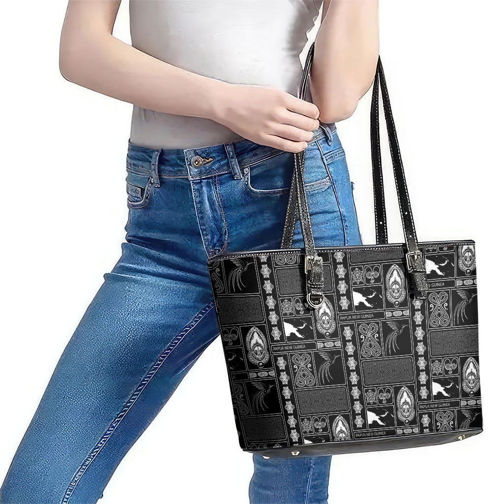 Papua New Guinea Heritage Motif Leather Tote Bag Black Version LT05 - Polynesian Pride
