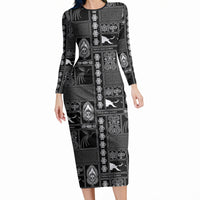 Papua New Guinea Heritage Motif Long Sleeve Bodycon Dress Black Version LT05 Long Dress Black - Polynesian Pride
