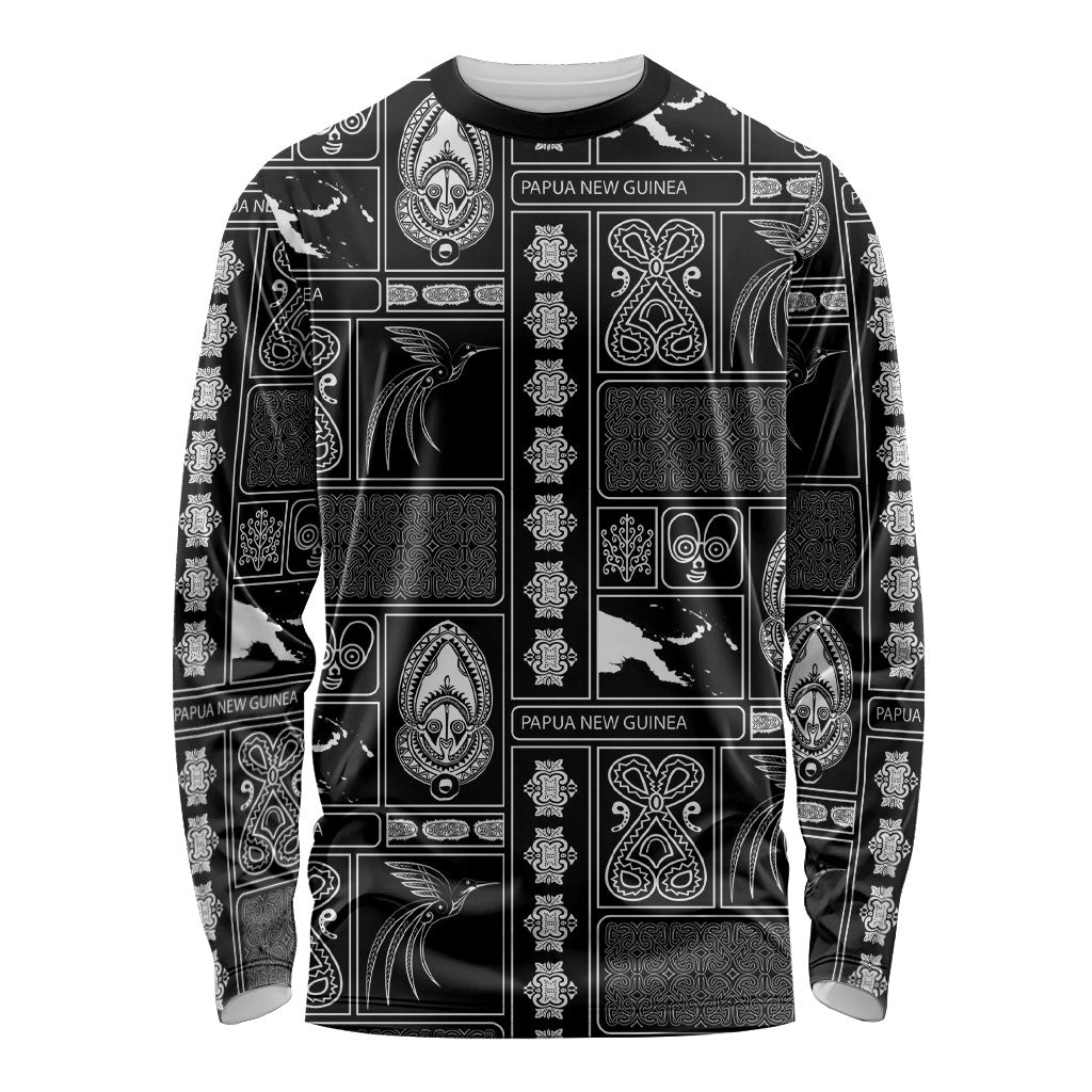 Papua New Guinea Heritage Motif Long Sleeve Shirt Black Version LT05 Unisex Black - Polynesian Pride