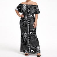 Papua New Guinea Heritage Motif Off Shoulder Maxi Dress Black Version LT05 Women Black - Polynesian Pride