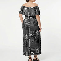 Papua New Guinea Heritage Motif Off Shoulder Maxi Dress Black Version LT05 - Polynesian Pride