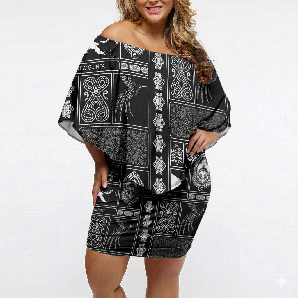 Papua New Guinea Heritage Motif Off Shoulder Short Dress Black Version LT05 Women Black - Polynesian Pride