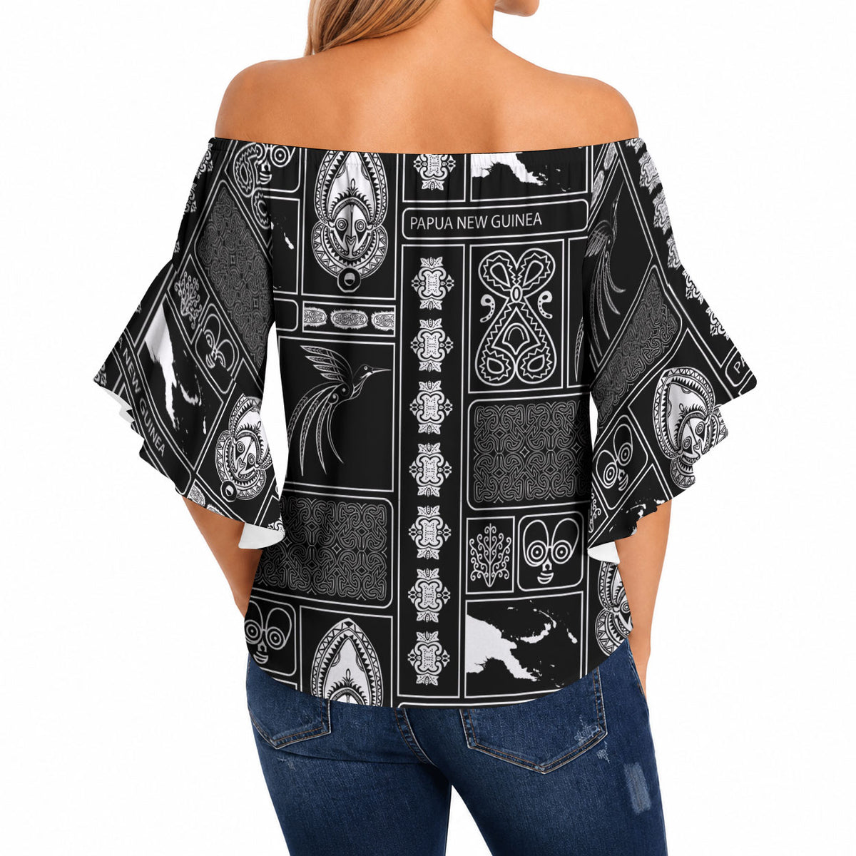Papua New Guinea Heritage Motif Off Shoulder Wrap Waist Top Black Version LT05 - Polynesian Pride