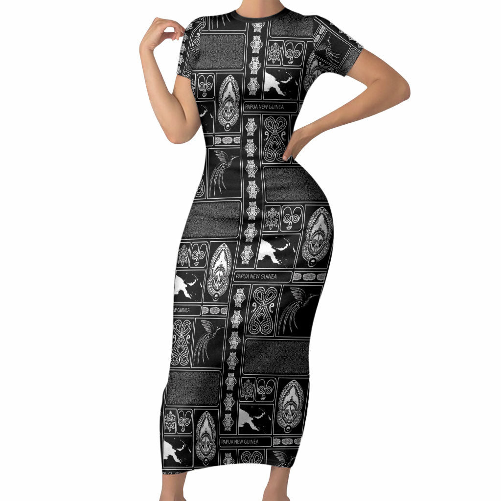 Papua New Guinea Heritage Motif Short Sleeve Bodycon Dress Black Version LT05 Long Dress Black - Polynesian Pride