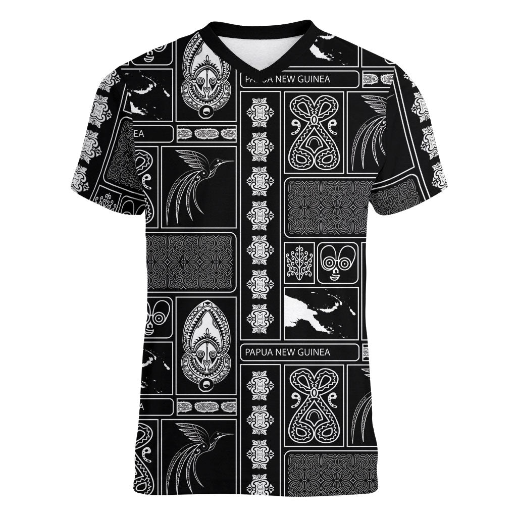 Papua New Guinea Heritage Motif Women V-Neck T-Shirt Black Version LT05 Female Black - Polynesian Pride