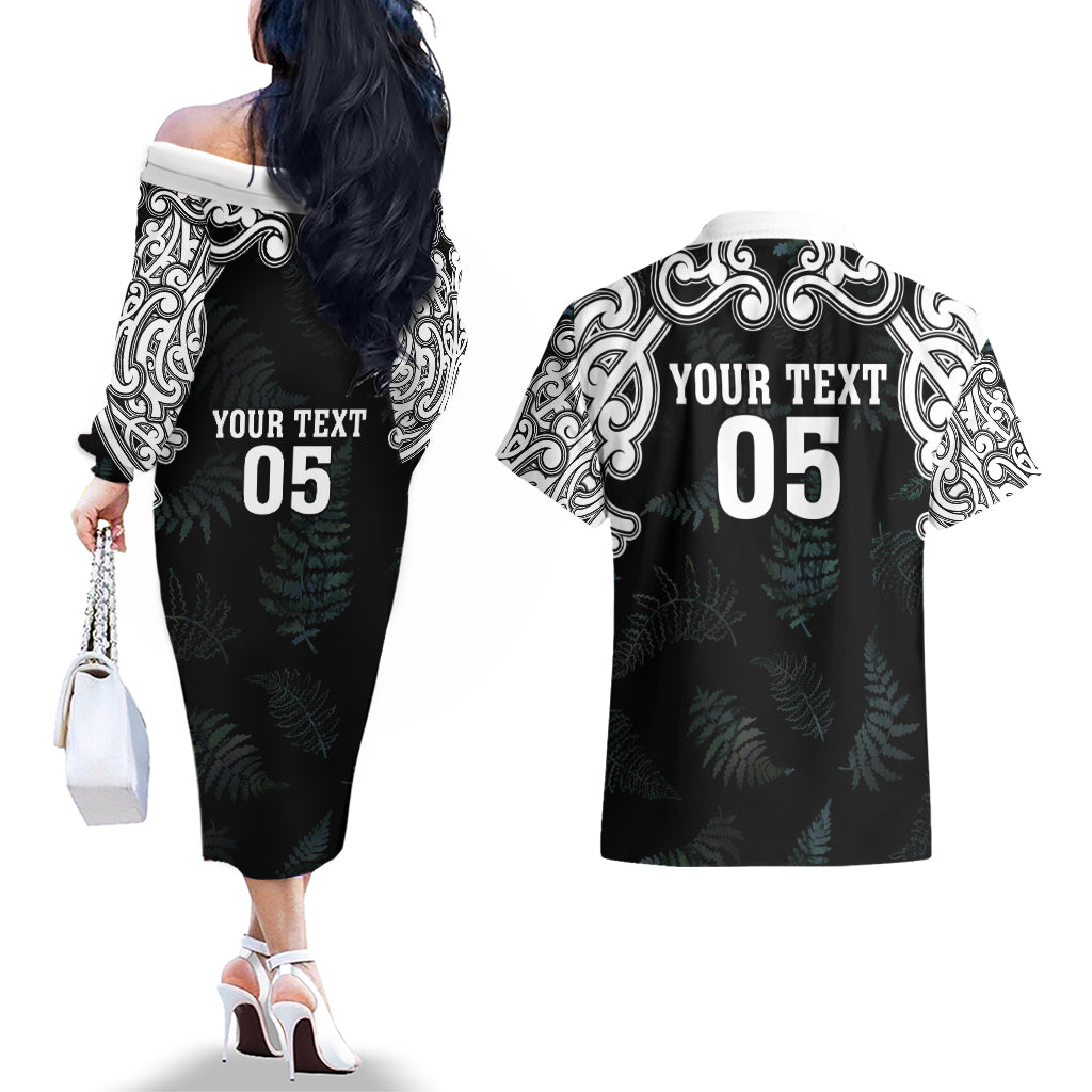 Custom New Zealand Fern Women Rugby Couples Matching Off The Shoulder Long Sleeve Dress and Hawaiian Shirt Maori Pattern
