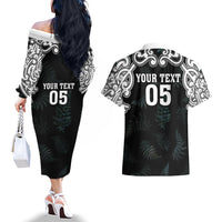 Custom New Zealand Fern Women Rugby Couples Matching Off The Shoulder Long Sleeve Dress and Hawaiian Shirt Maori Pattern
