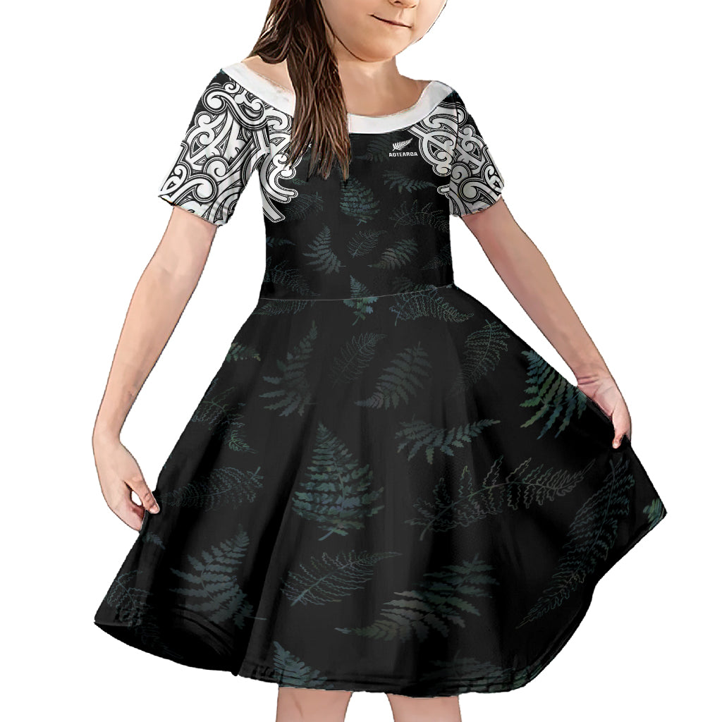 Custom New Zealand Fern Women Rugby Family Matching Short Sleeve Bodycon Dress and Hawaiian Shirt Maori Pattern LT05 Daughter's Dress Black - Polynesian Pride