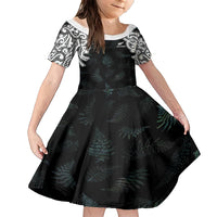 Custom New Zealand Fern Women Rugby Family Matching Short Sleeve Bodycon Dress and Hawaiian Shirt Maori Pattern LT05 Daughter's Dress Black - Polynesian Pride