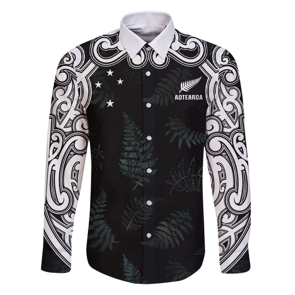 Custom New Zealand Fern Women Rugby Family Matching Short Sleeve Bodycon Dress and Hawaiian Shirt Maori Pattern LT05 Dad's Shirt - Long Sleeve Black - Polynesian Pride