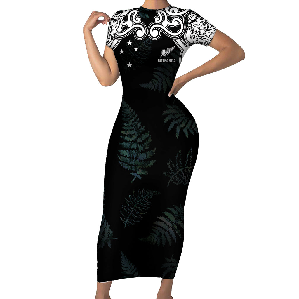 Custom New Zealand Fern Women Rugby Family Matching Short Sleeve Bodycon Dress and Hawaiian Shirt Maori Pattern LT05 Mom's Dress Black - Polynesian Pride