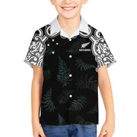 Custom New Zealand Fern Women Rugby Family Matching Short Sleeve Bodycon Dress and Hawaiian Shirt Maori Pattern LT05 Son's Shirt Black - Polynesian Pride