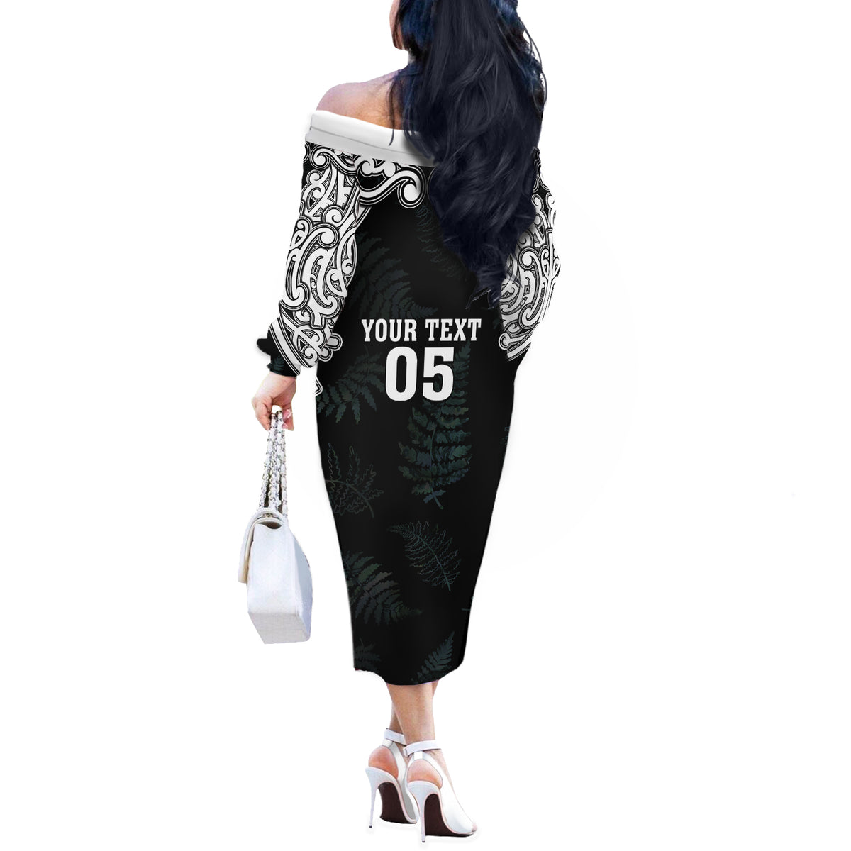 Custom New Zealand Fern Women Rugby Off The Shoulder Long Sleeve Dress Maori Pattern