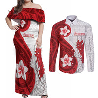 Samoa Teuila 2024 Couples Matching Off Shoulder Maxi Dress and Long Sleeve Button Shirt Samoan Siapo Pattern Red Version LT05 Red - Polynesian Pride