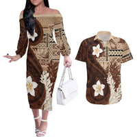 Samoa Teuila 2024 Couples Matching Off The Shoulder Long Sleeve Dress and Hawaiian Shirt Samoan Siapo Pattern Brown Version LT05 Brown - Polynesian Pride