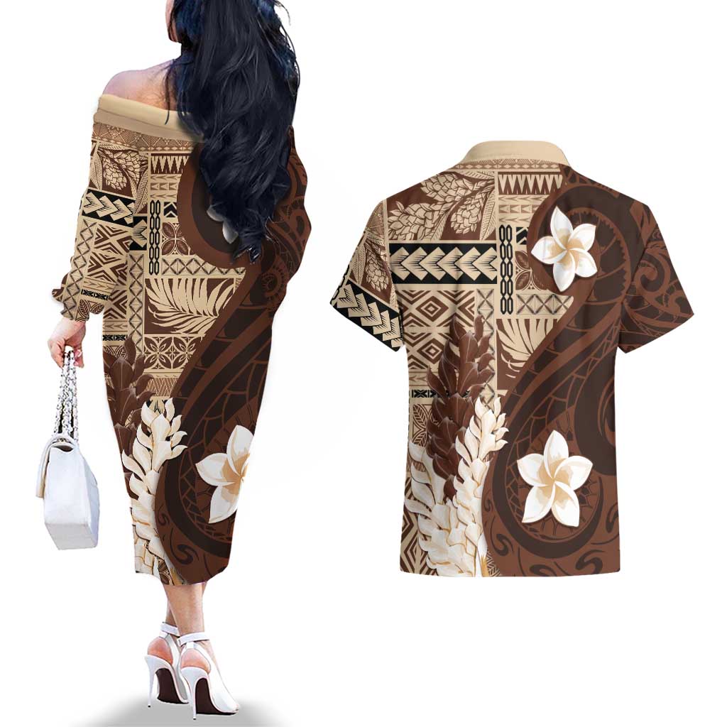 Samoa Teuila 2024 Couples Matching Off The Shoulder Long Sleeve Dress and Hawaiian Shirt Samoan Siapo Pattern Brown Version LT05 - Polynesian Pride