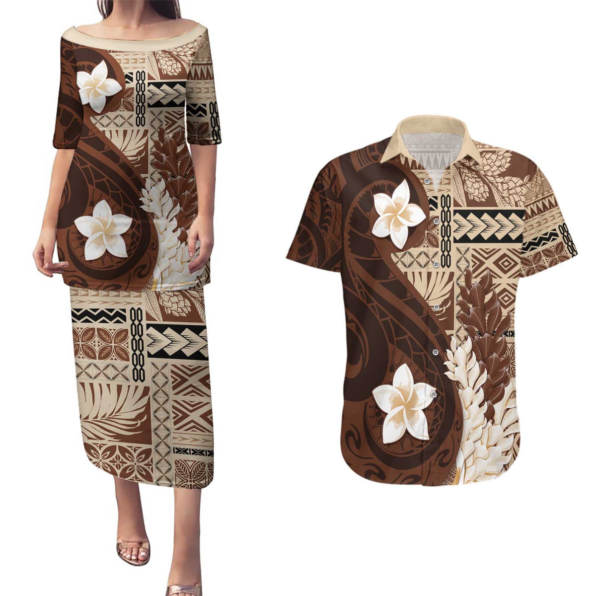 Samoa Teuila 2024 Couples Matching Puletasi and Hawaiian Shirt Samoan Siapo Pattern Brown Version LT05 Brown - Polynesian Pride