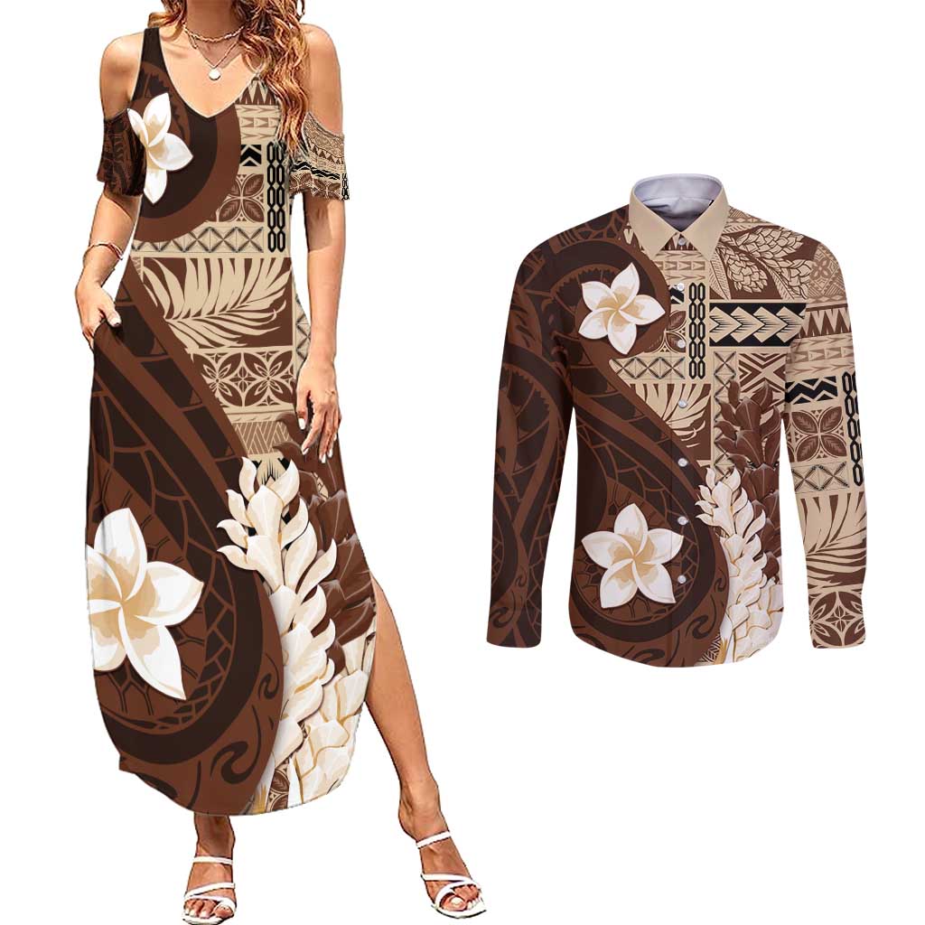 Samoa Teuila 2024 Couples Matching Summer Maxi Dress and Long Sleeve Button Shirt Samoan Siapo Pattern Brown Version LT05 Brown - Polynesian Pride