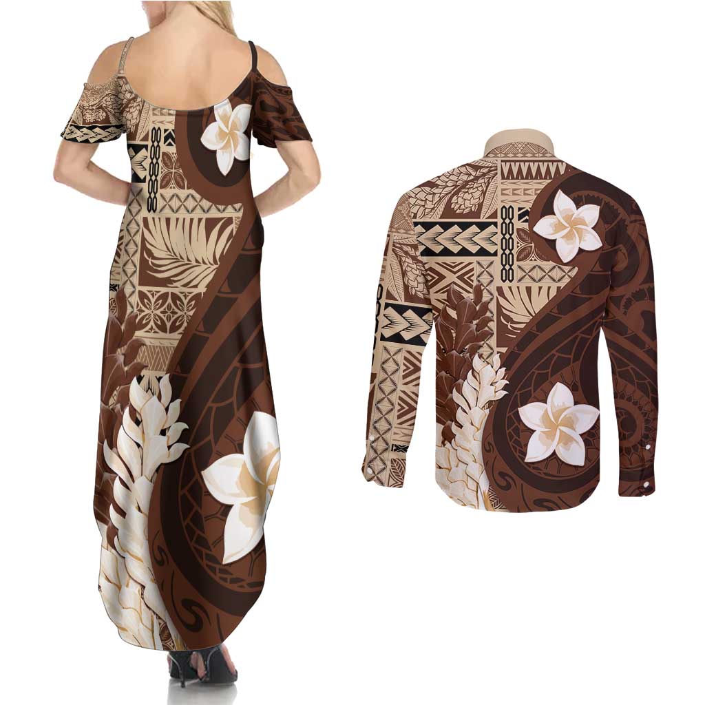 Samoa Teuila 2024 Couples Matching Summer Maxi Dress and Long Sleeve Button Shirt Samoan Siapo Pattern Brown Version LT05 - Polynesian Pride