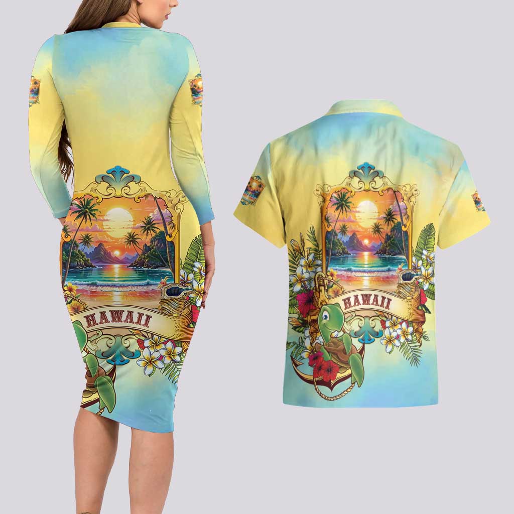 Aloha Hawaii Turtle Couples Matching Long Sleeve Bodycon Dress and Hawaiian Shirt Retro Style - Polynesian Pride