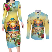 Aloha Hawaii Turtle Couples Matching Long Sleeve Bodycon Dress and Long Sleeve Button Shirt Retro Style - Polynesian Pride