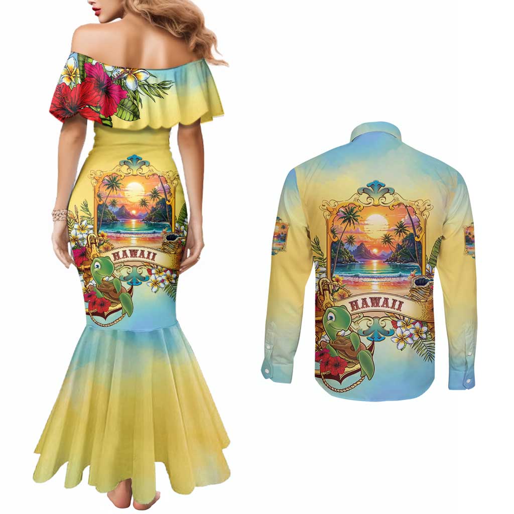 Aloha Hawaii Turtle Couples Matching Mermaid Dress and Long Sleeve Button Shirt Retro Style - Polynesian Pride