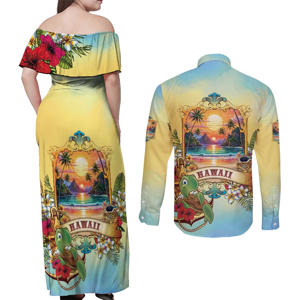 Aloha Hawaii Turtle Couples Matching Off Shoulder Maxi Dress and Long Sleeve Button Shirt Retro Style - Polynesian Pride